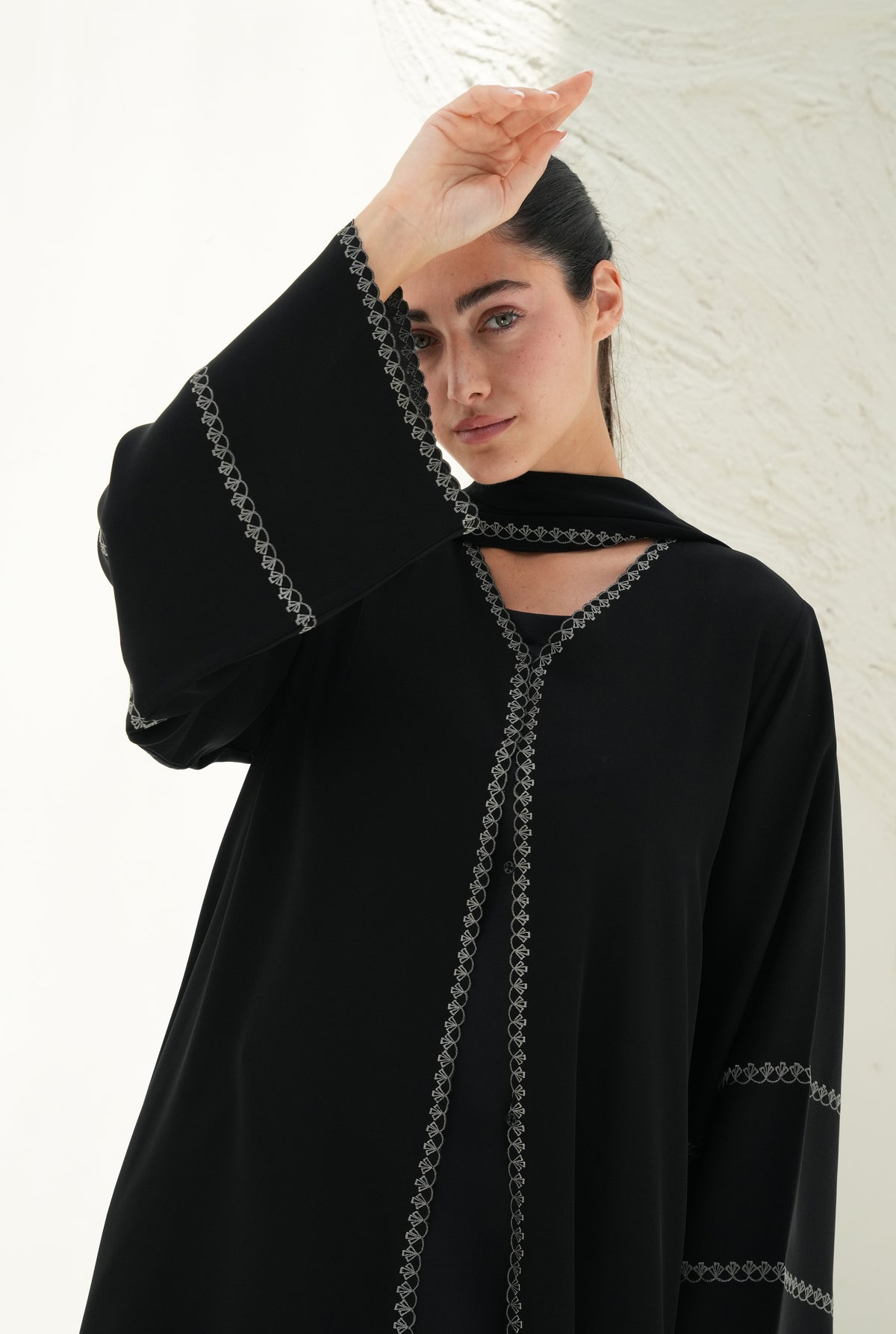 Victoria crepe Embroidery work on abaya and shaila, Open sides on abaya
