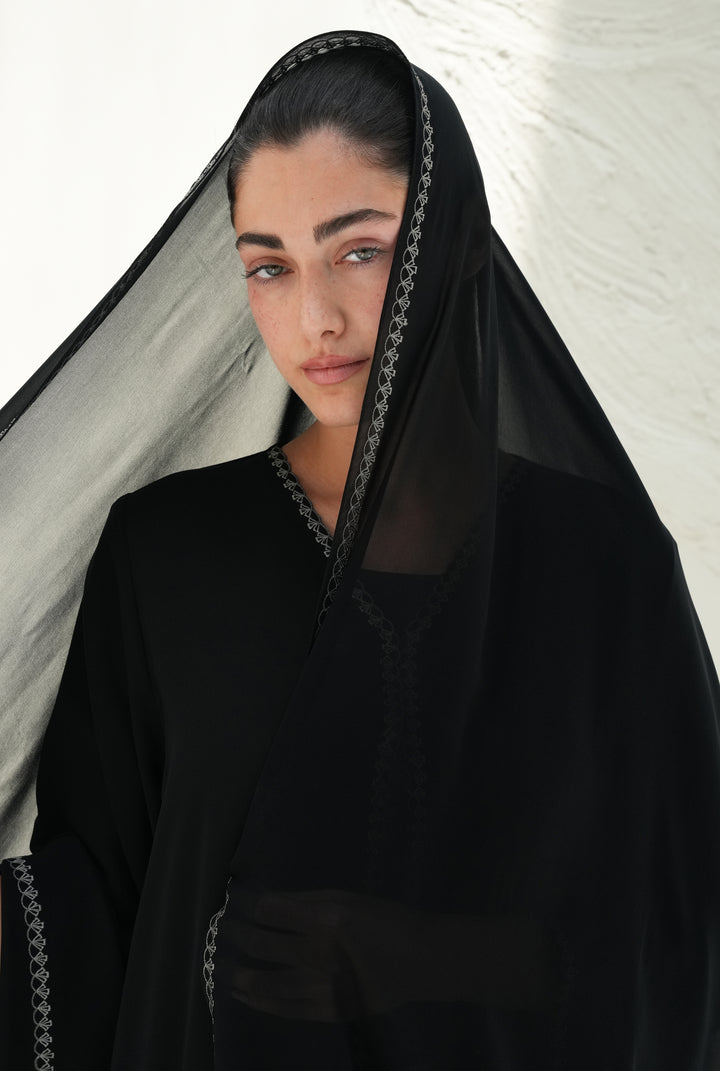 Victoria crepe Embroidery work on abaya and shaila, Open sides on abaya