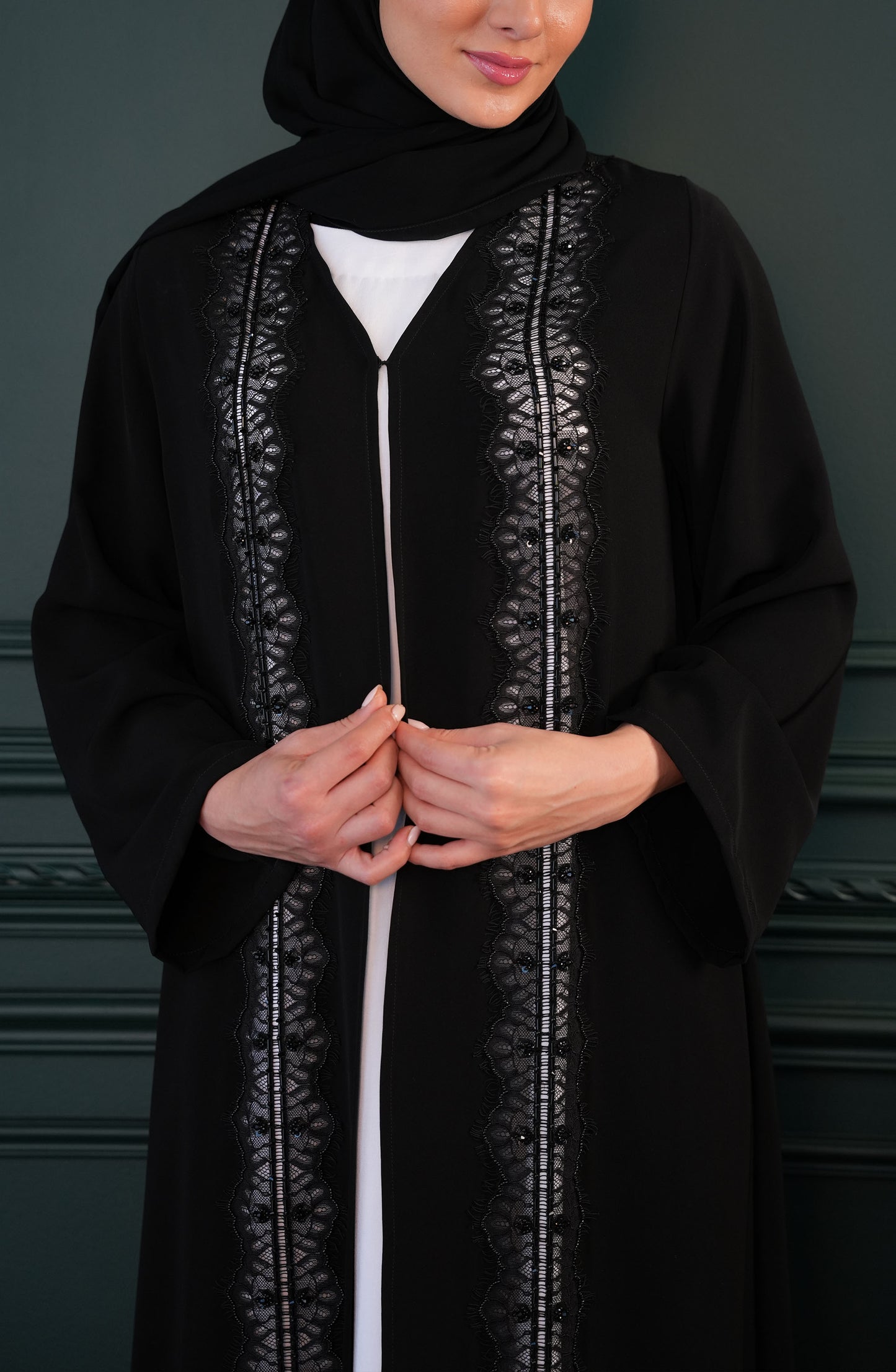 Victoria Kuwaiti fabric with lace embroidery and handwork Abaya