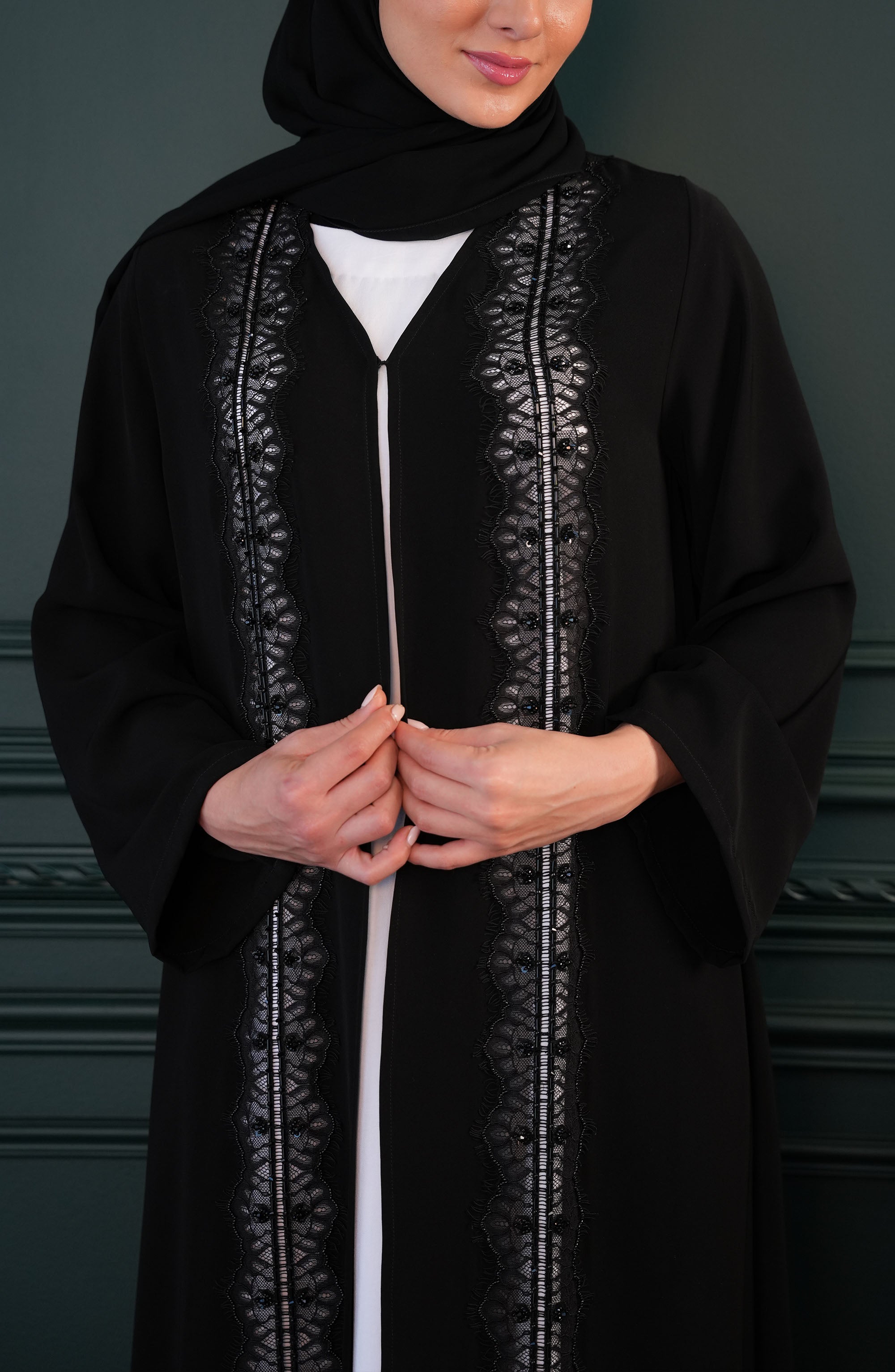 Victoria Kuwaiti fabric with lace embroidery and handwork Abaya