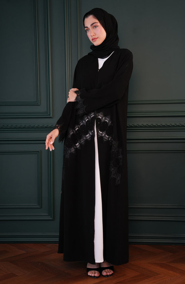 Kuwaiti Salsa fabric, embroidered lace with handwork Abaya