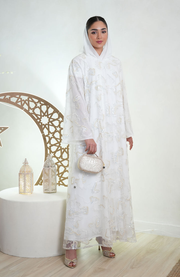Hand-embroidered Toor with chiffon lining Abaya - White