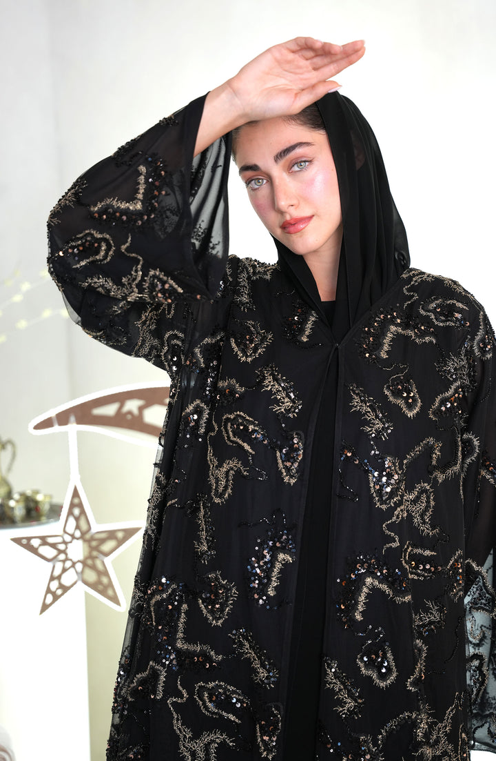 Hand-embroidered Toor with chiffon lining Abaya -Black