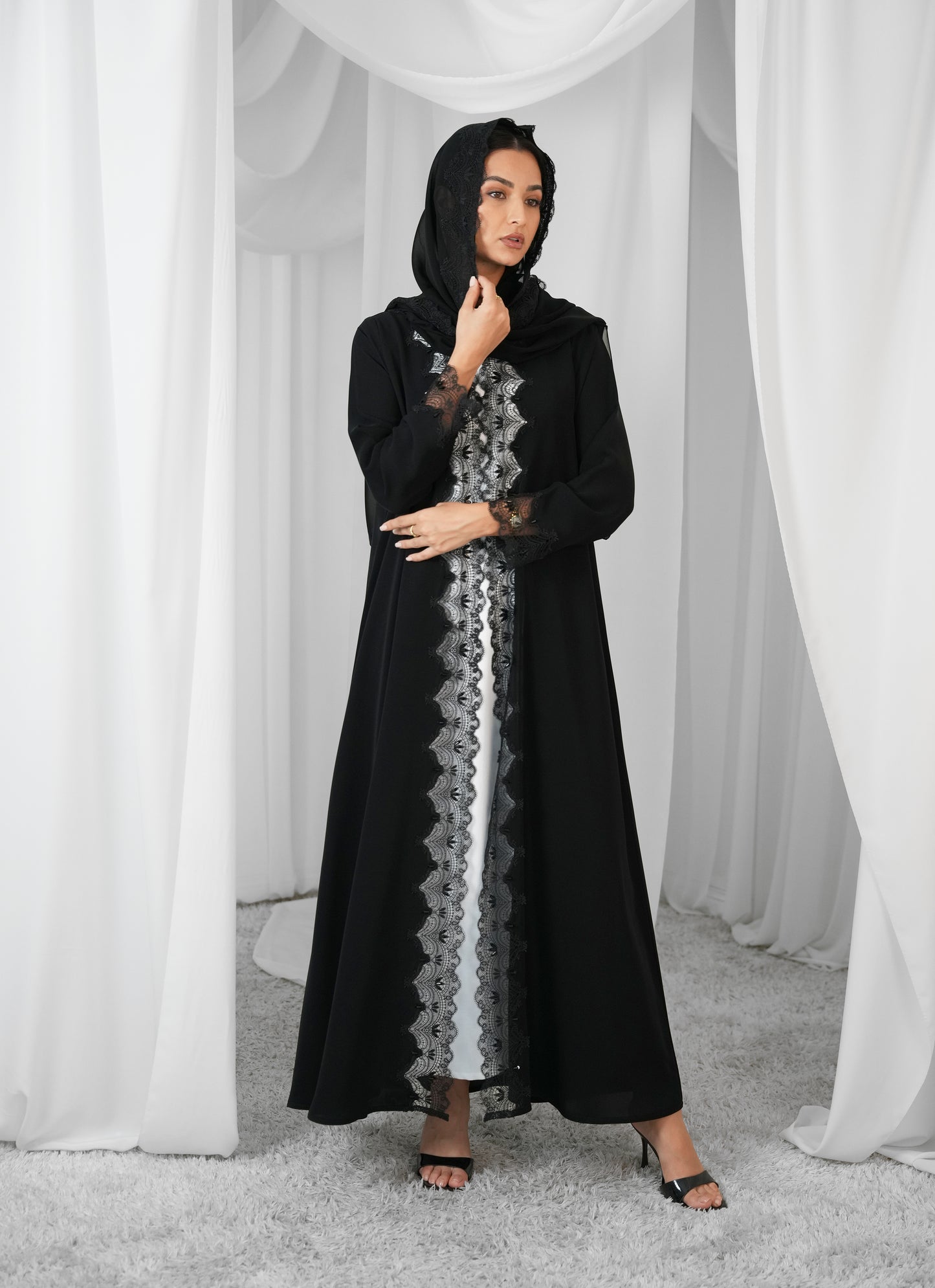 Internet fabric  Lace style and handwork beads on abaya  +lace on shaila