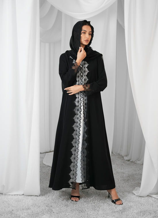 Internet fabric  Lace style and handwork beads on abaya  +lace on shaila