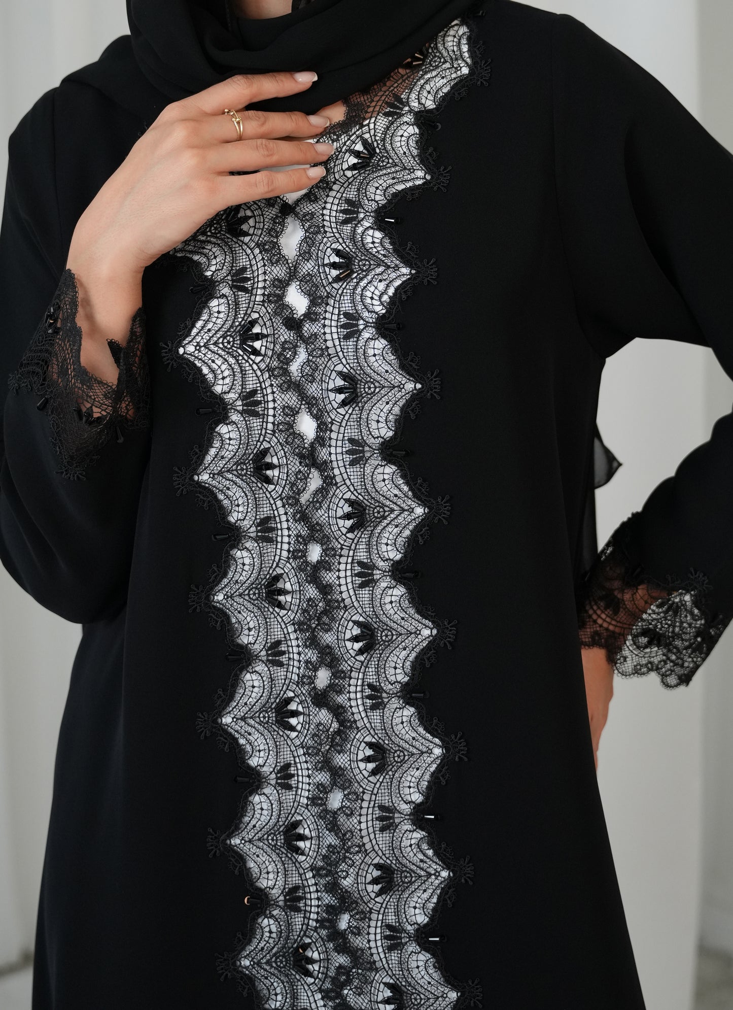 Internet fabric  Lace style and handwork beads on abaya  +lace on shaila
