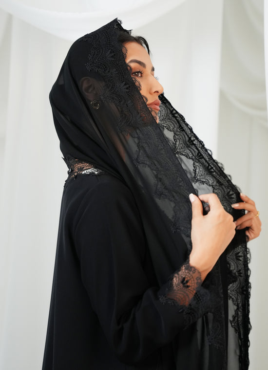 Internet fabric  Lace style and handwork beads on abaya  +lace on shaila