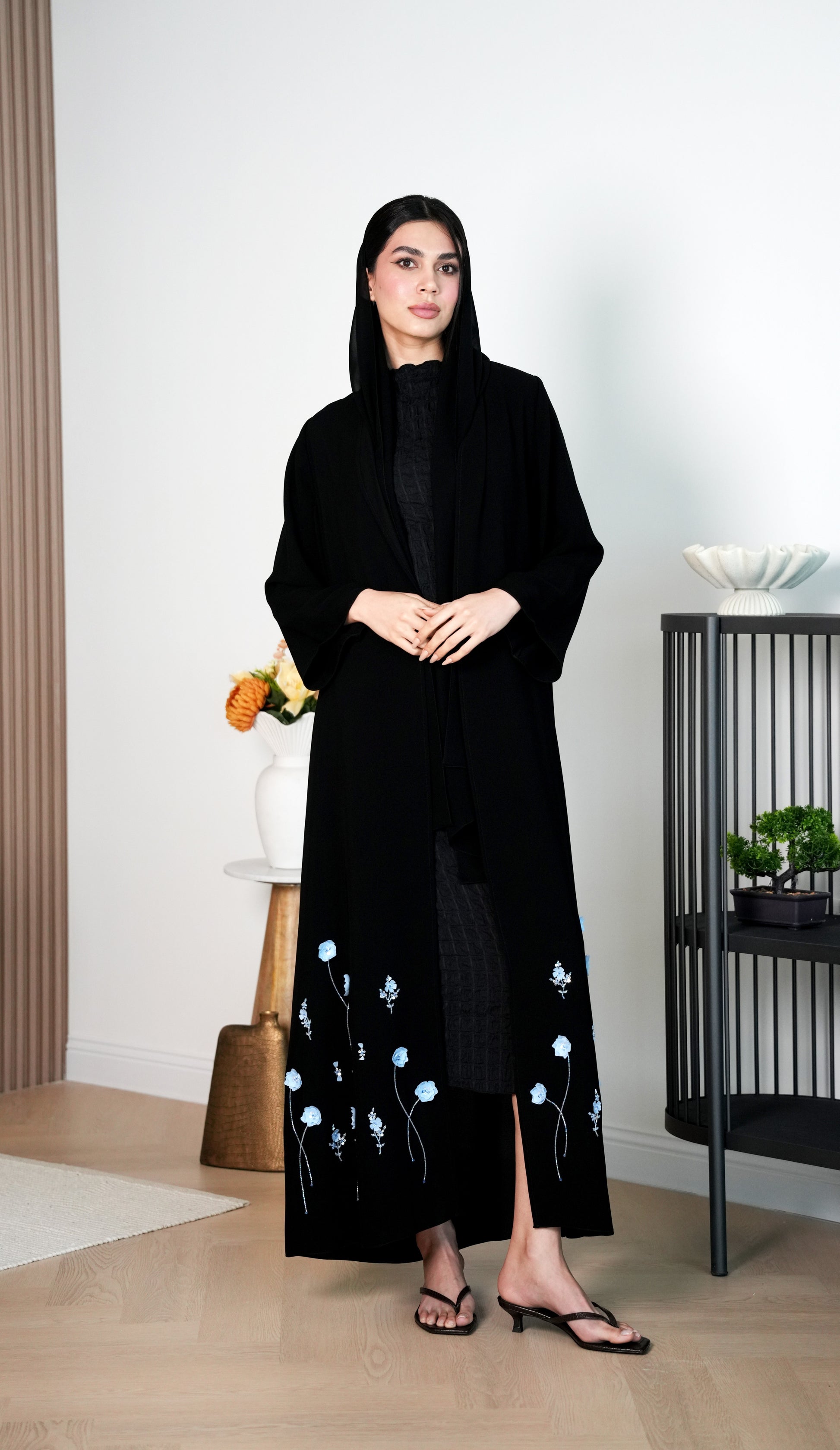 Salsa Crepe Abaya with crafted organza flowers