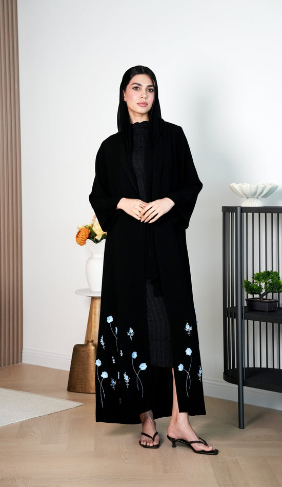 Salsa Crepe Abaya with crafted organza flowers