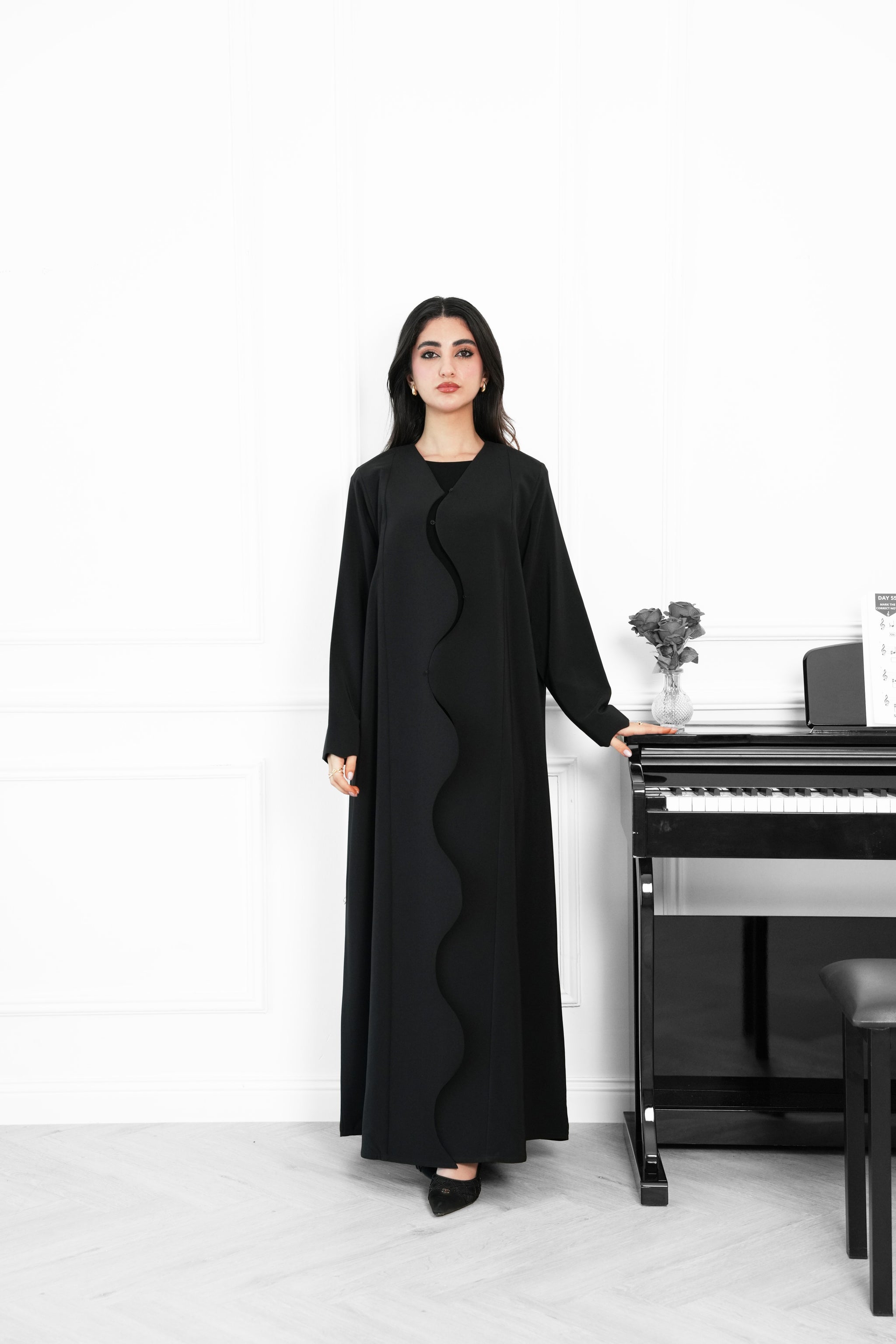 Linen crepe , Abaya with Elegant Wave Cut Front