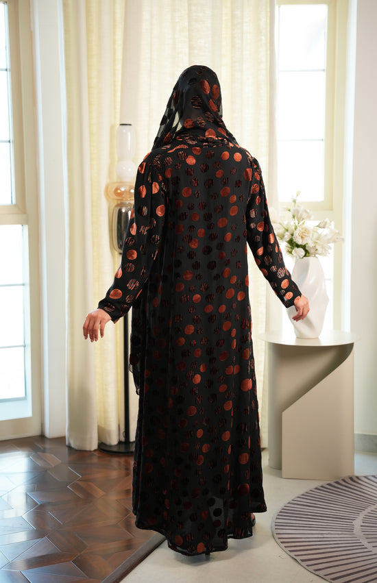 Polka Dot Abaya - Velvet Chiffon - Orange
