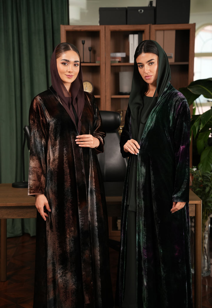 silk Velvet Abaya Green and Brown