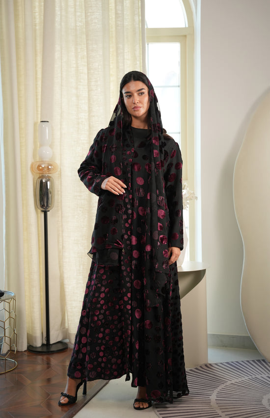 Polka Dot Abaya - Velvet Chiffon - Pink