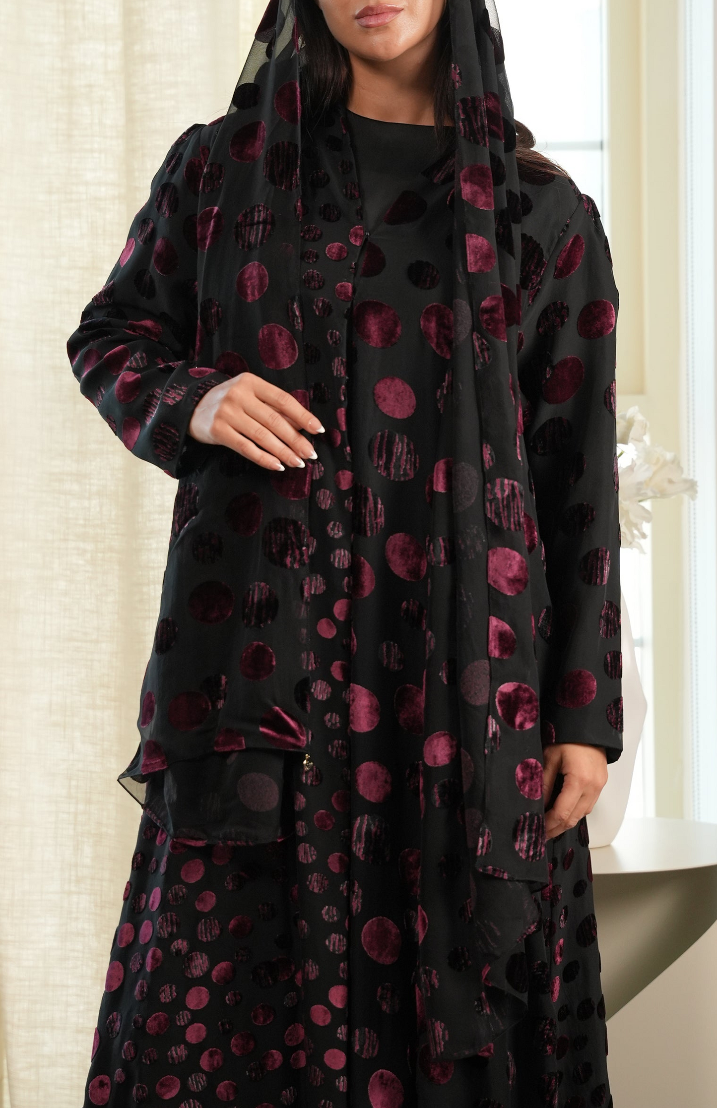 Polka Dot Abaya - Velvet Chiffon - Pink