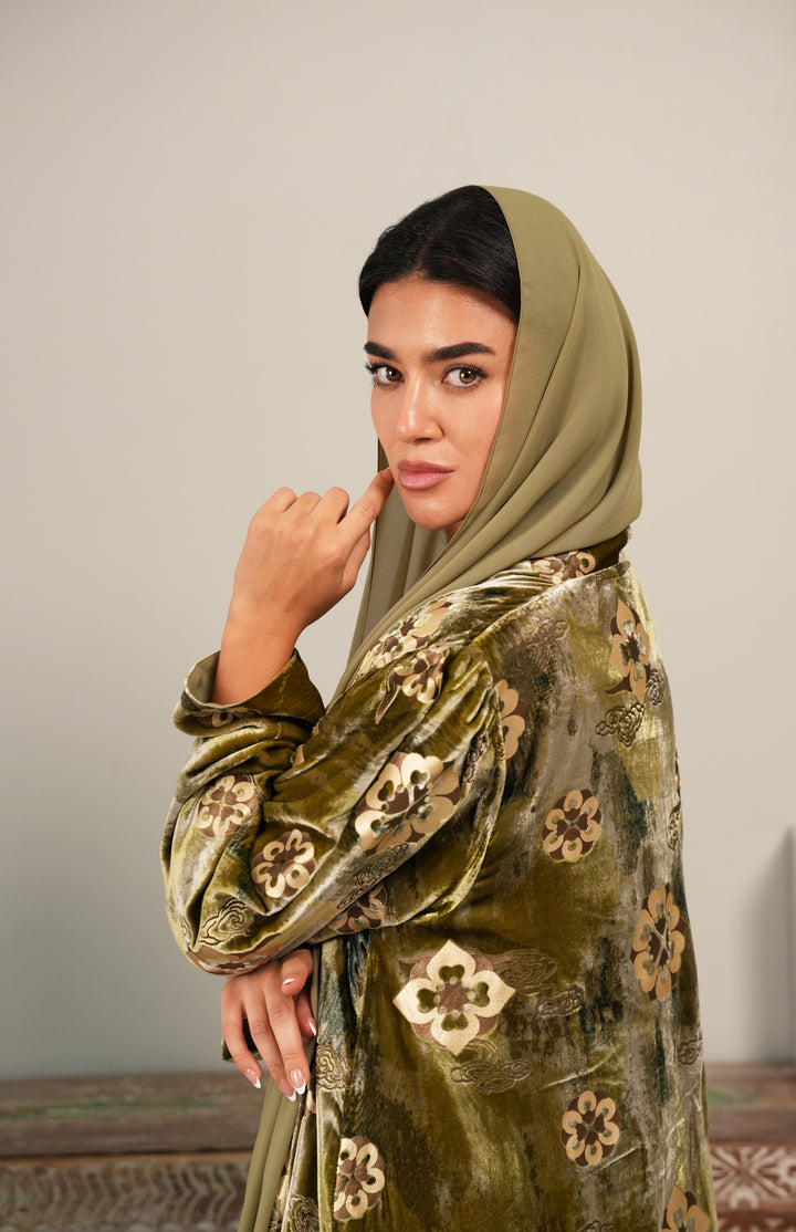 Trukish Embroideres Velvet Abaya - Pistacho