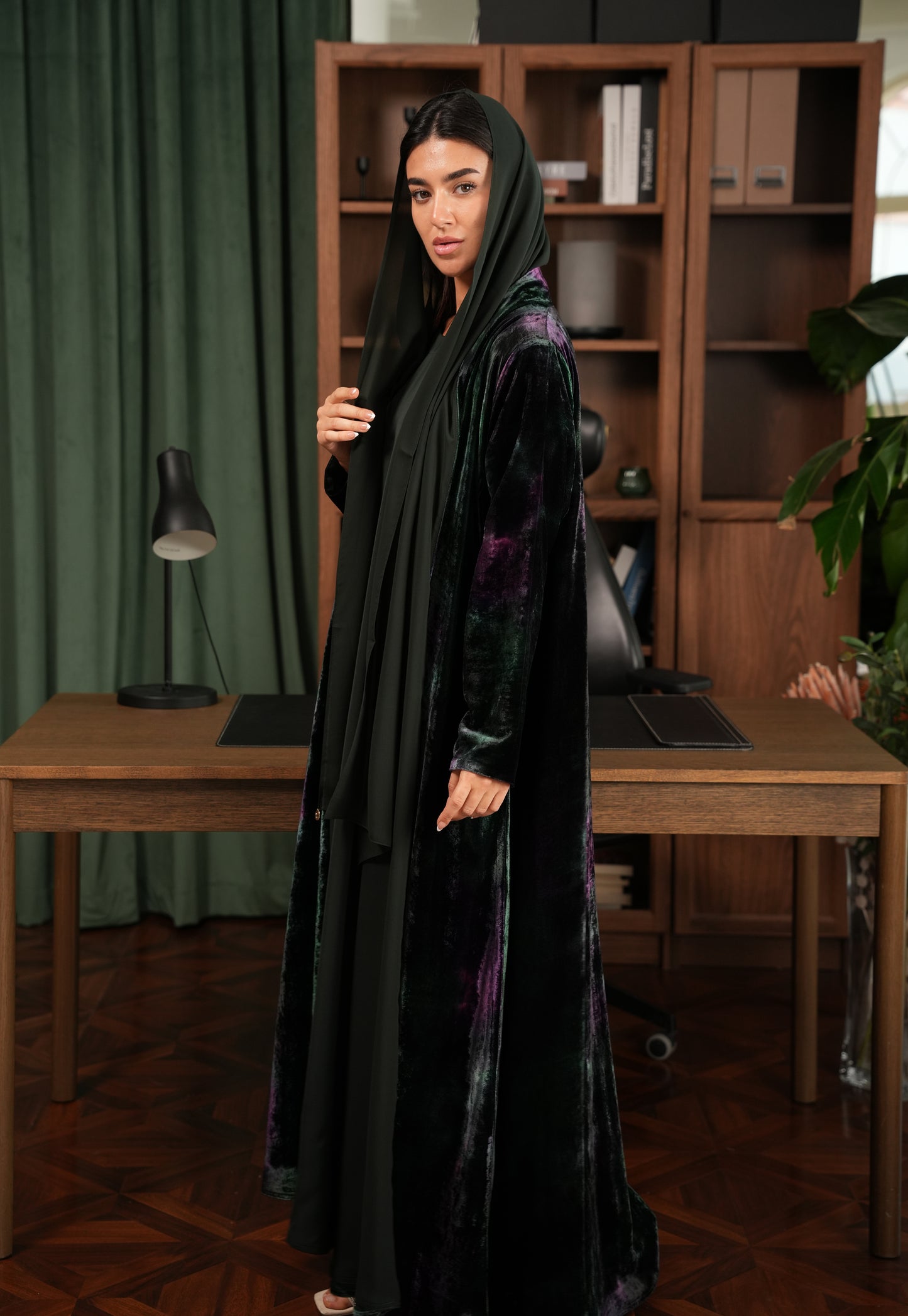 silk Velvet Abaya Green and Brown