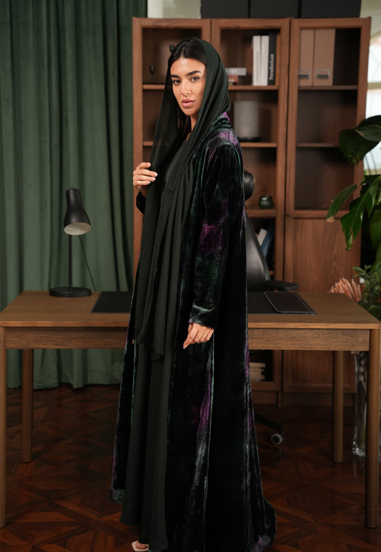 silk Velvet Abaya Green and Brown