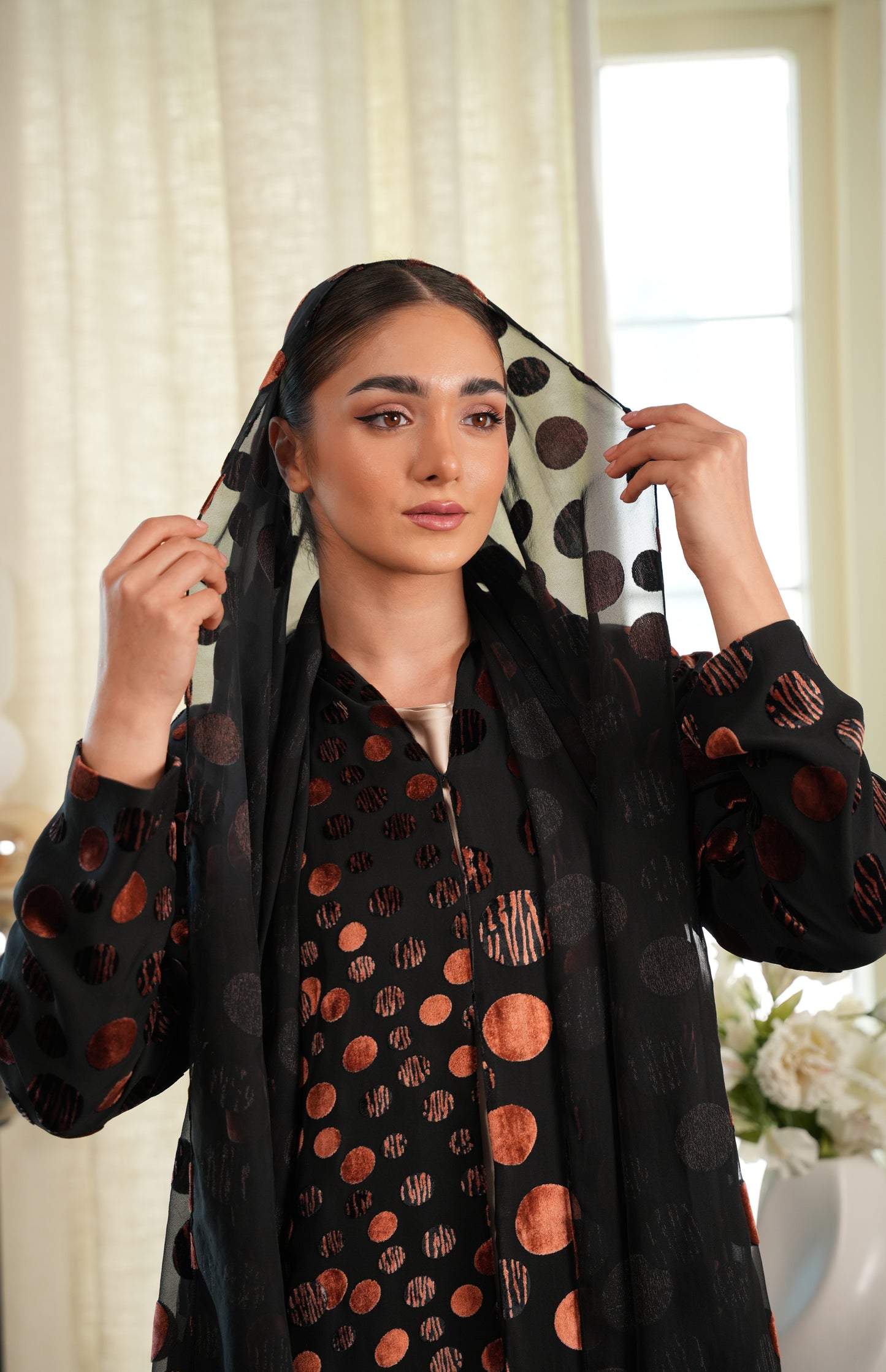 Polka Dot Abaya - Velvet Chiffon - Orange