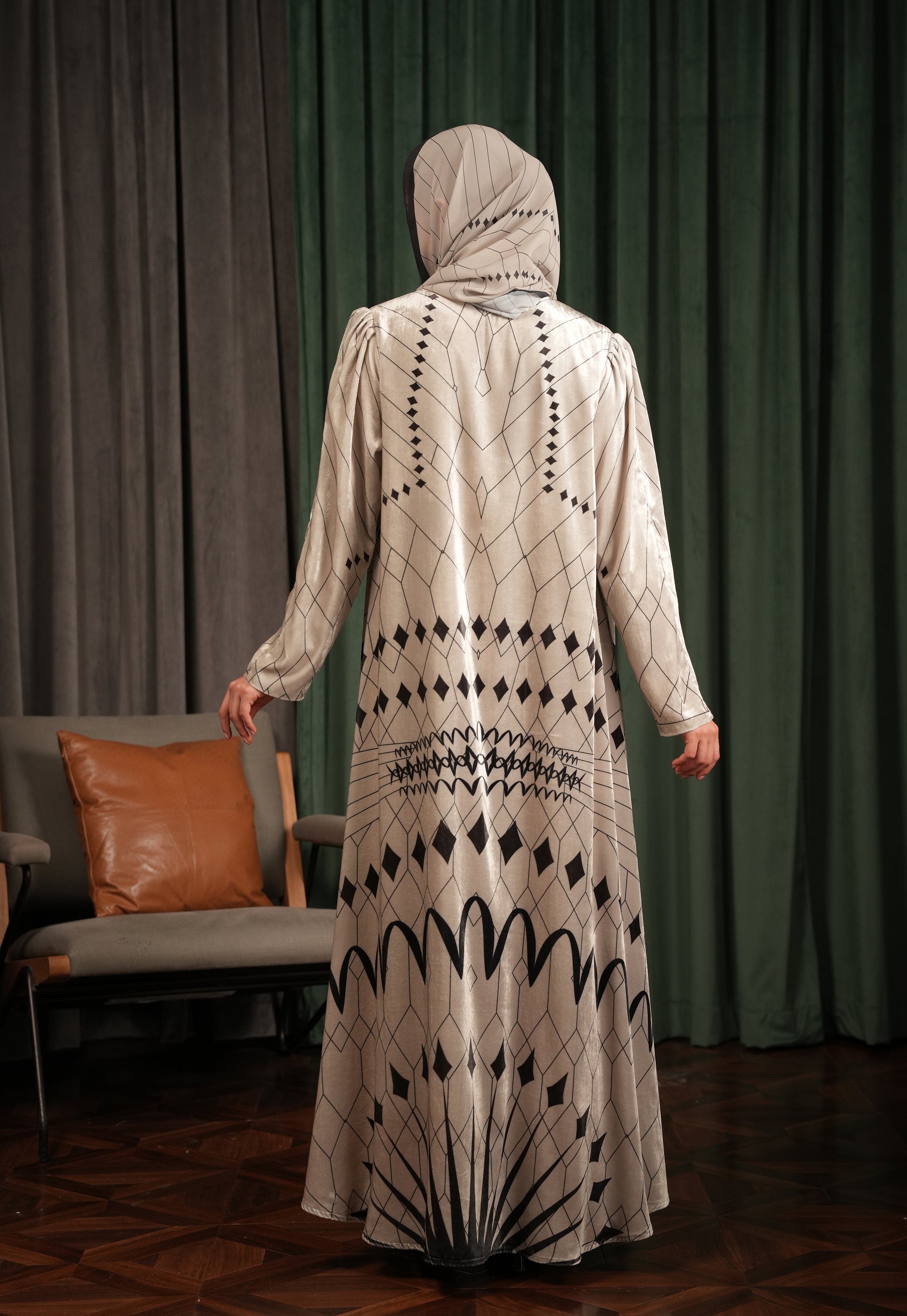 Printed Velvet Abaya - Beige