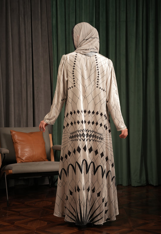 Printed Velvet Abaya - Beige