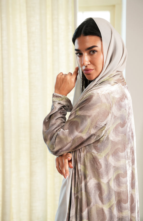 Silk Velvet Abaya - Gray and Green