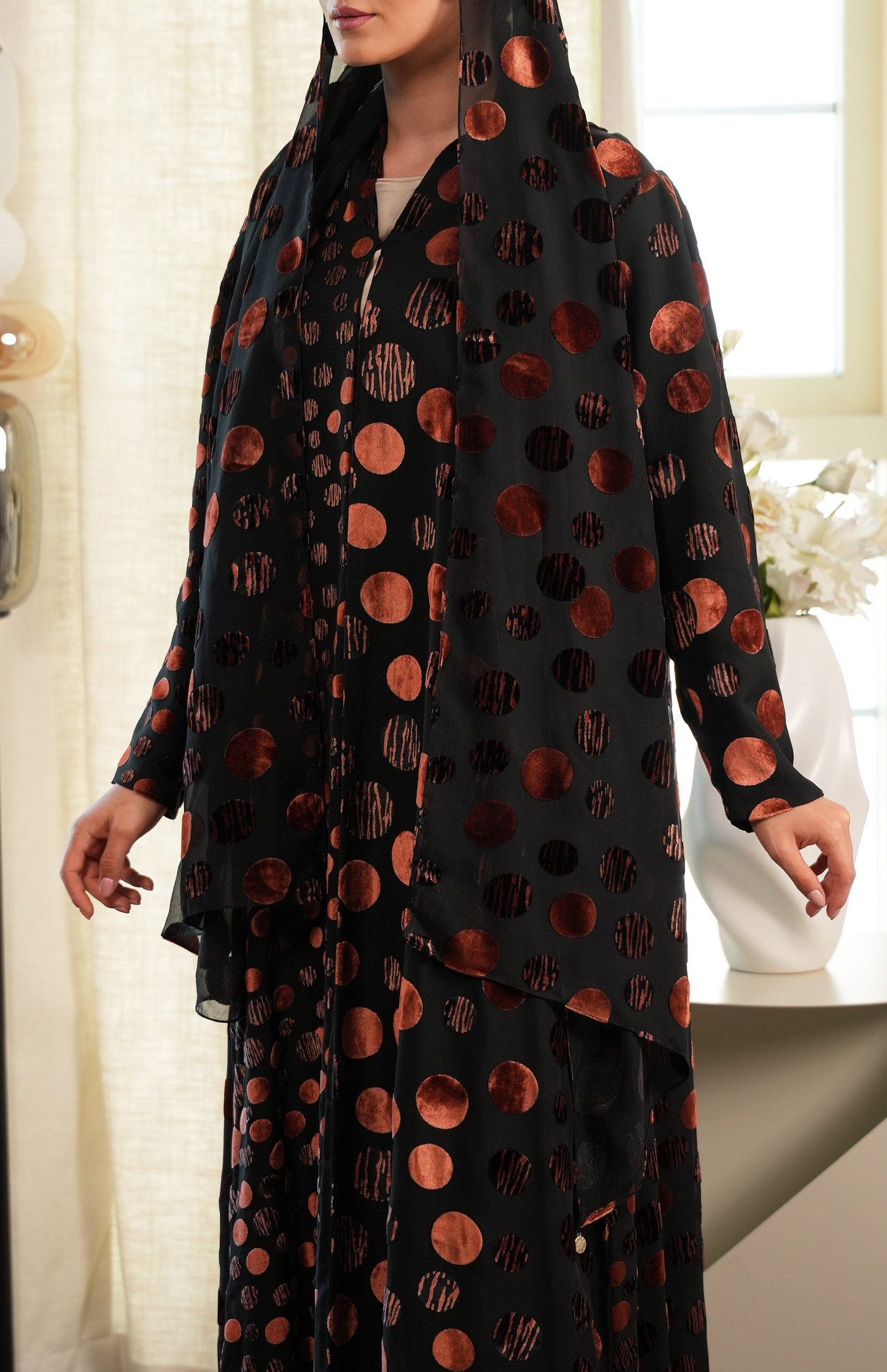 Polka Dot Abaya - Velvet Chiffon - Orange