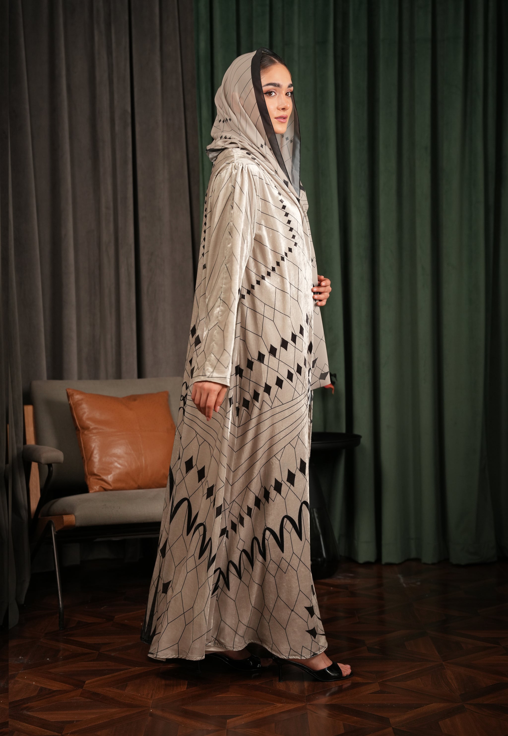 Printed Velvet Abaya - Beige