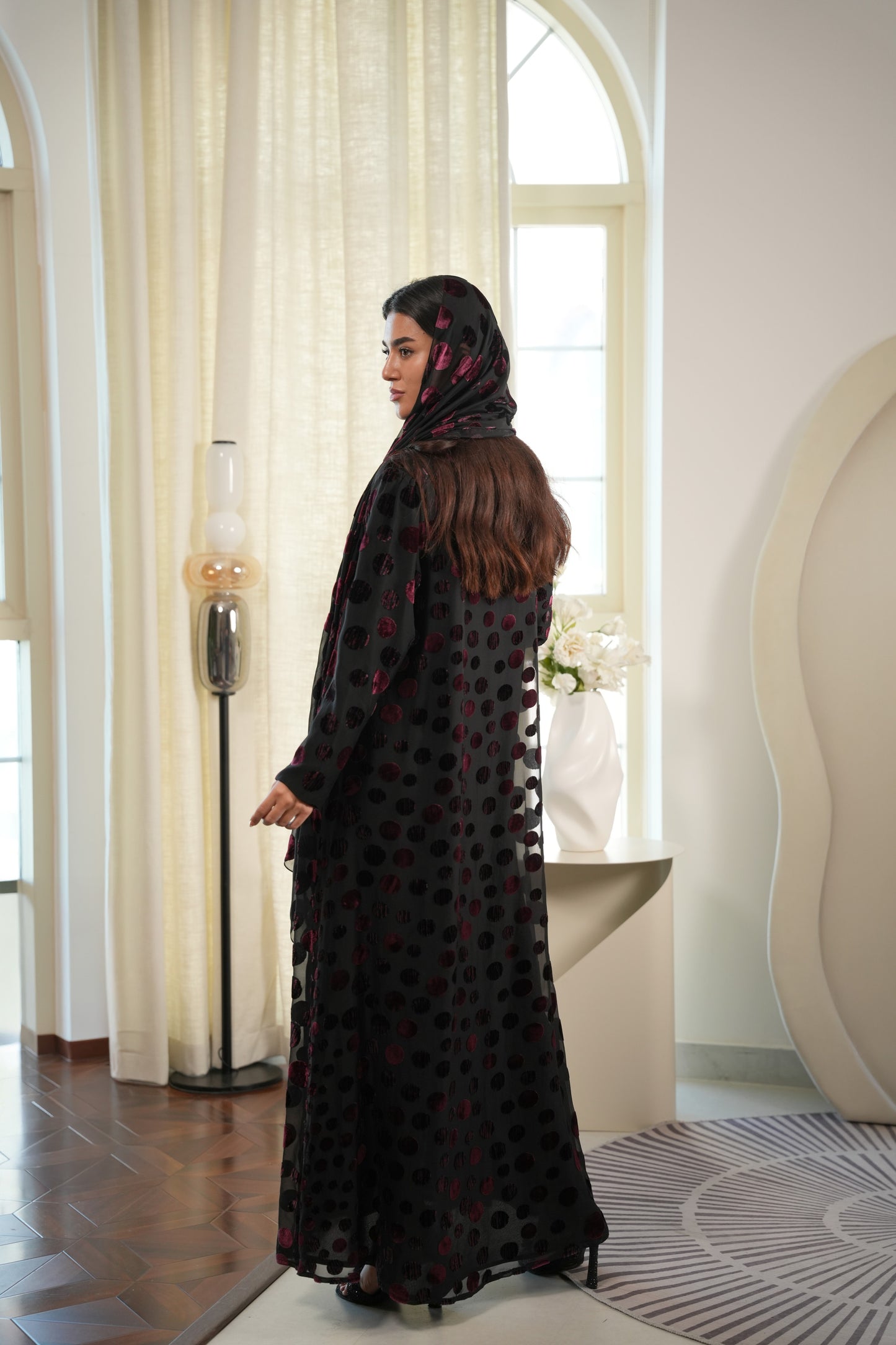 Polka Dot Abaya - Velvet Chiffon - Pink