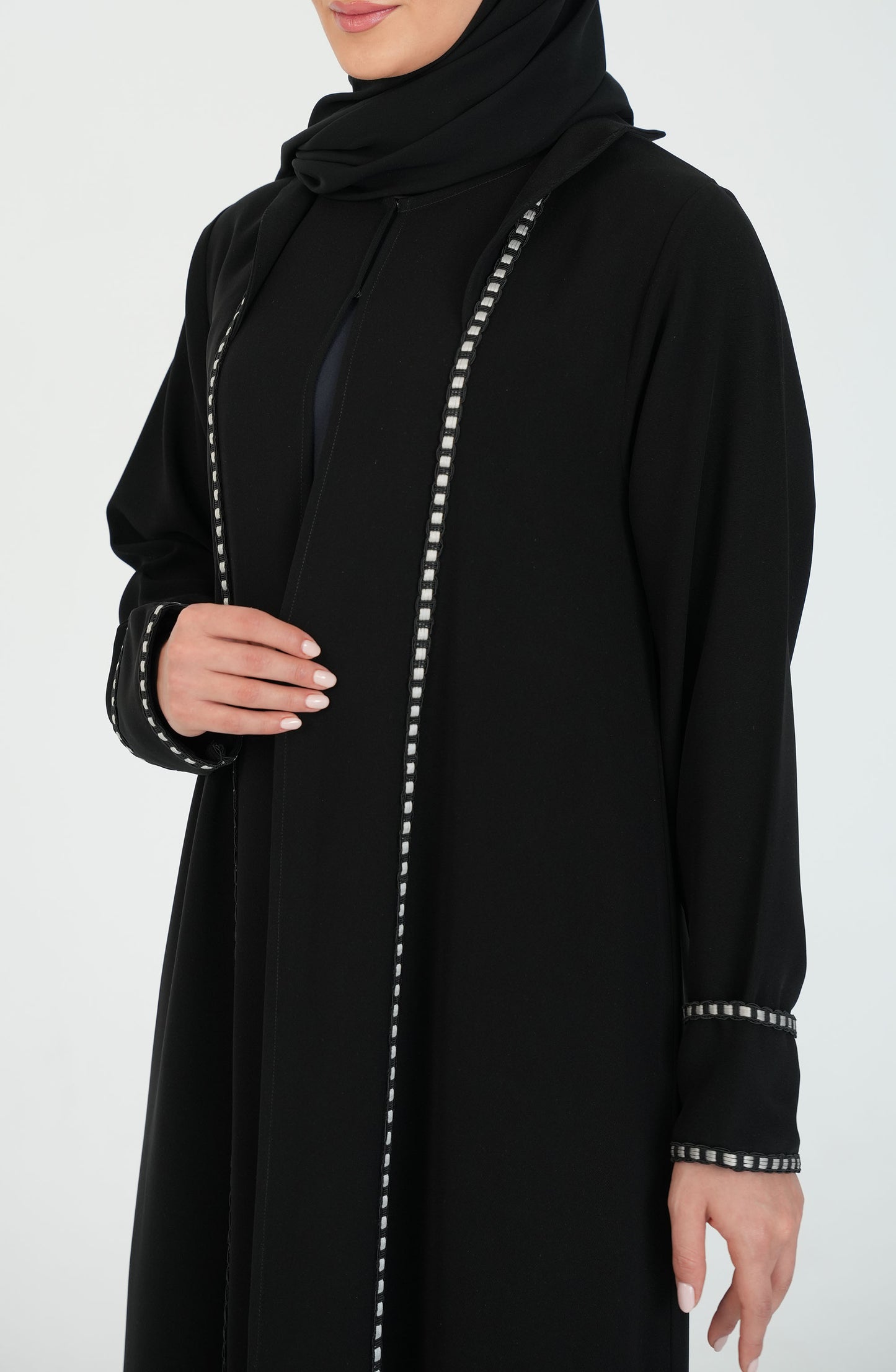 Salsa Crepe Abaya with Black and white lace
