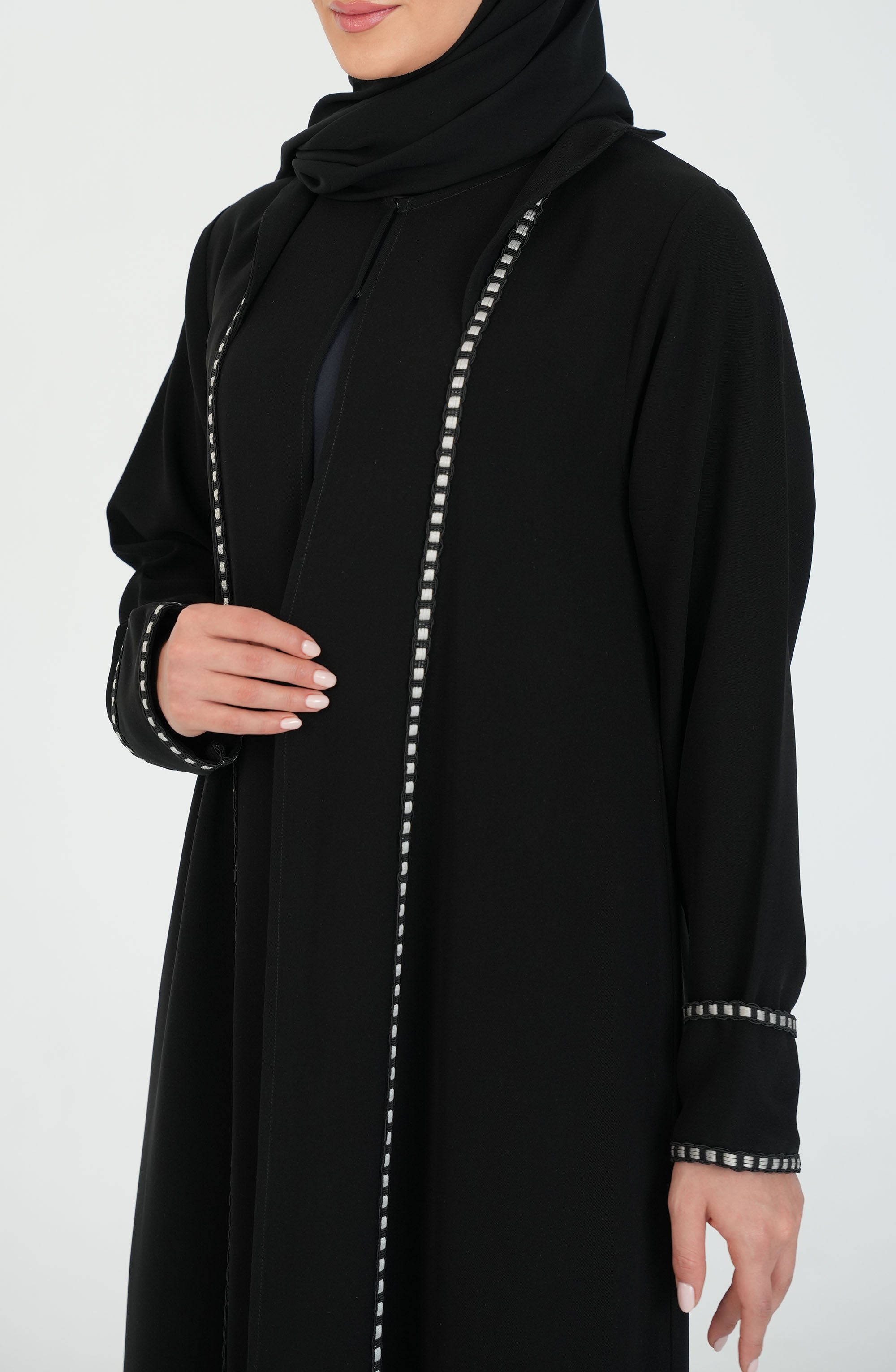 Salsa Crepe Abaya with Black and white lace