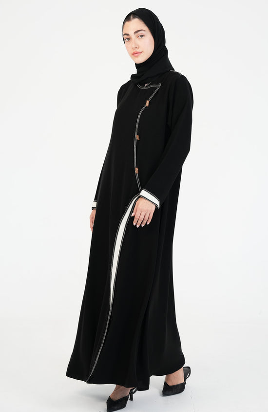 Salsa Crepe Abaya embroidery lines in white + gold buttons