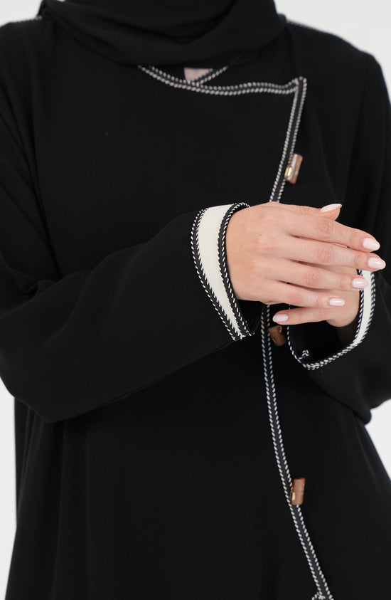 Salsa Crepe Abaya embroidery lines in white + gold buttons