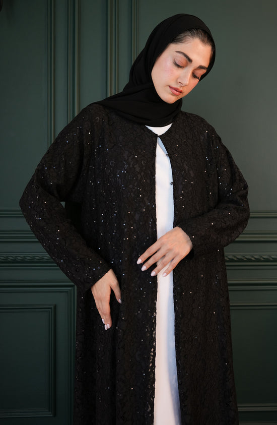 Embroidered lace Abaya with a folk design and lining
