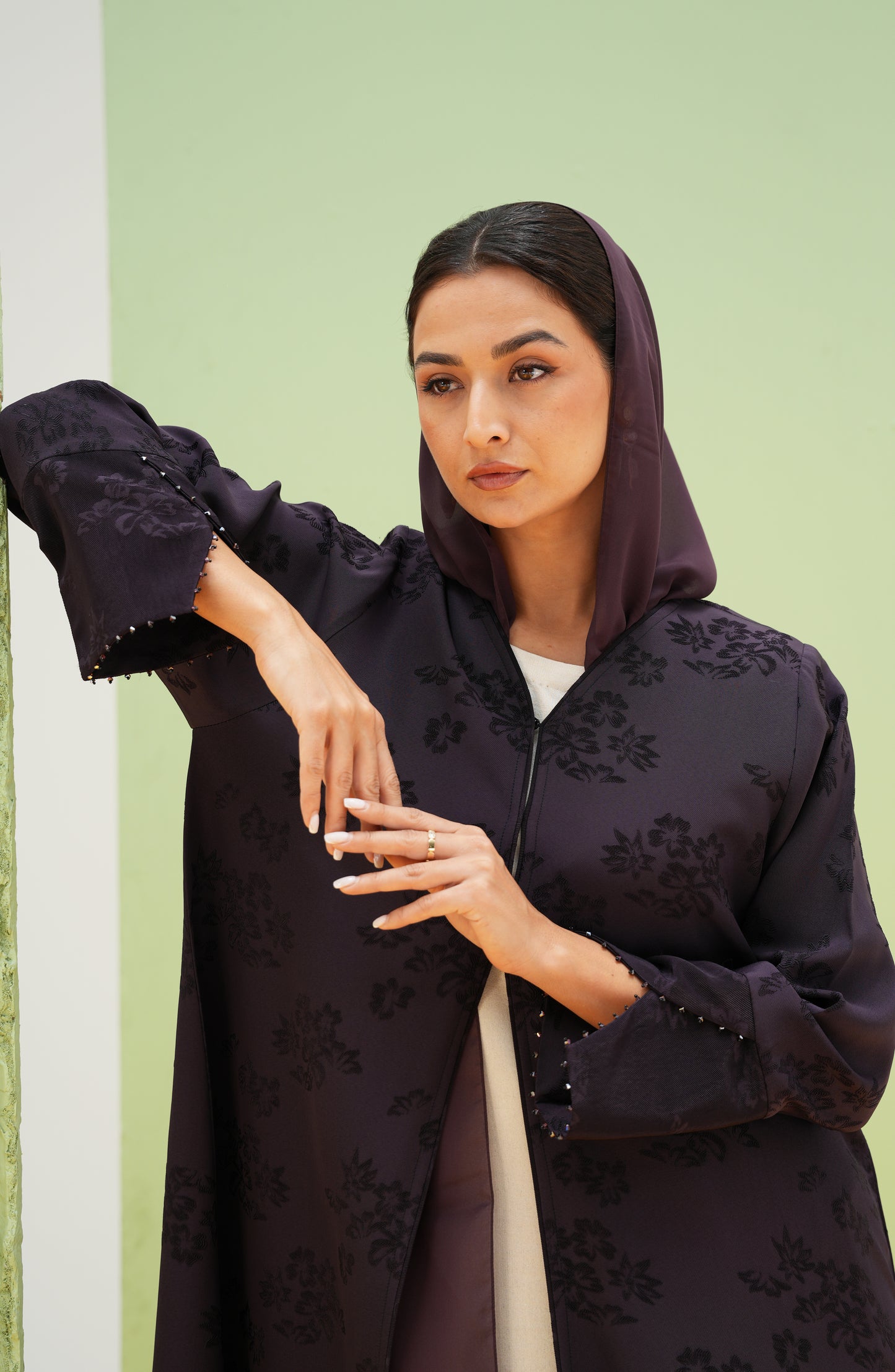 Turkish Jacquard with Beaded Sleeve Opening Detail Abaya
