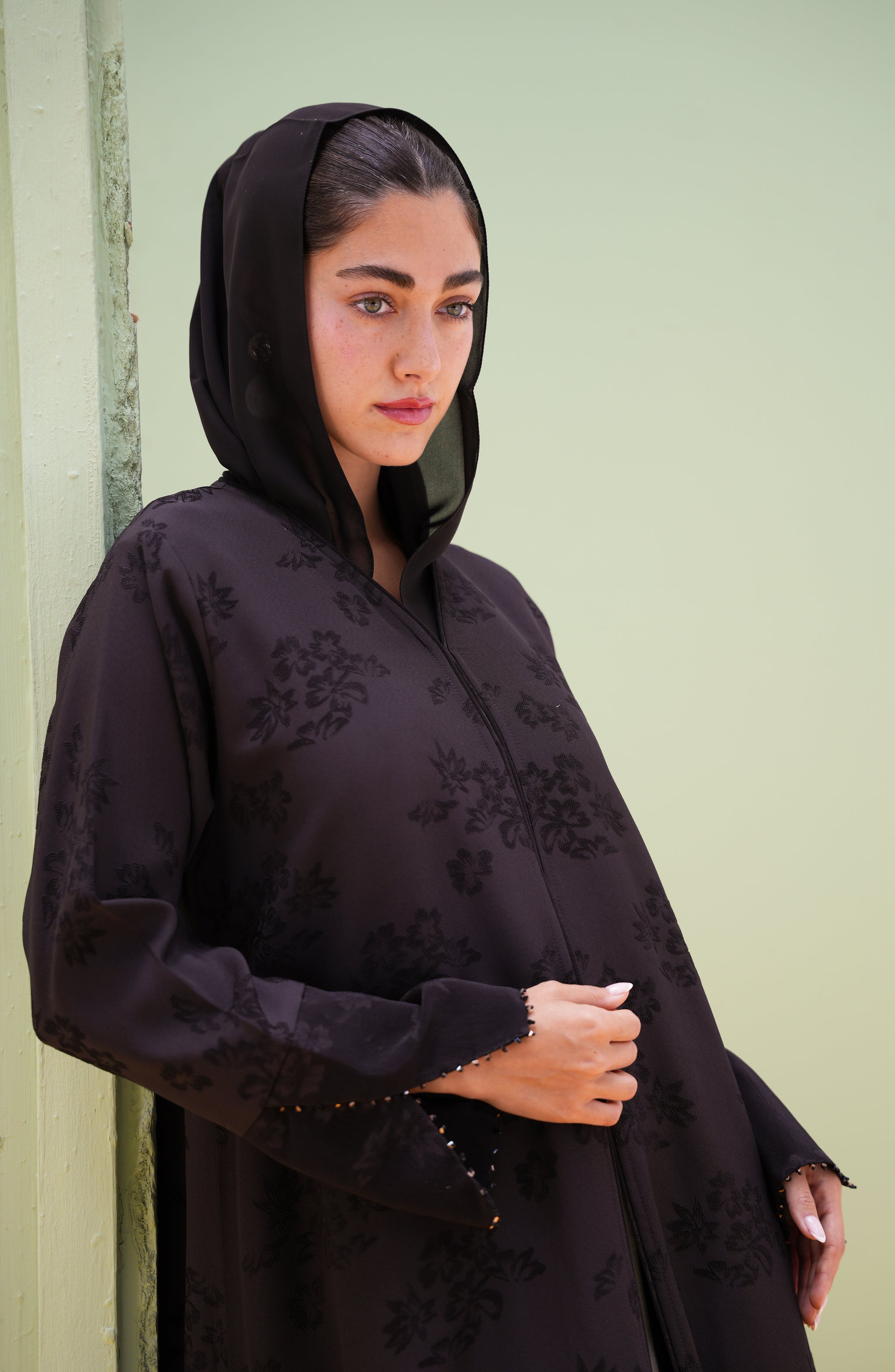 Turkish Jacquard with Beaded Sleeve Opening Detail Abaya